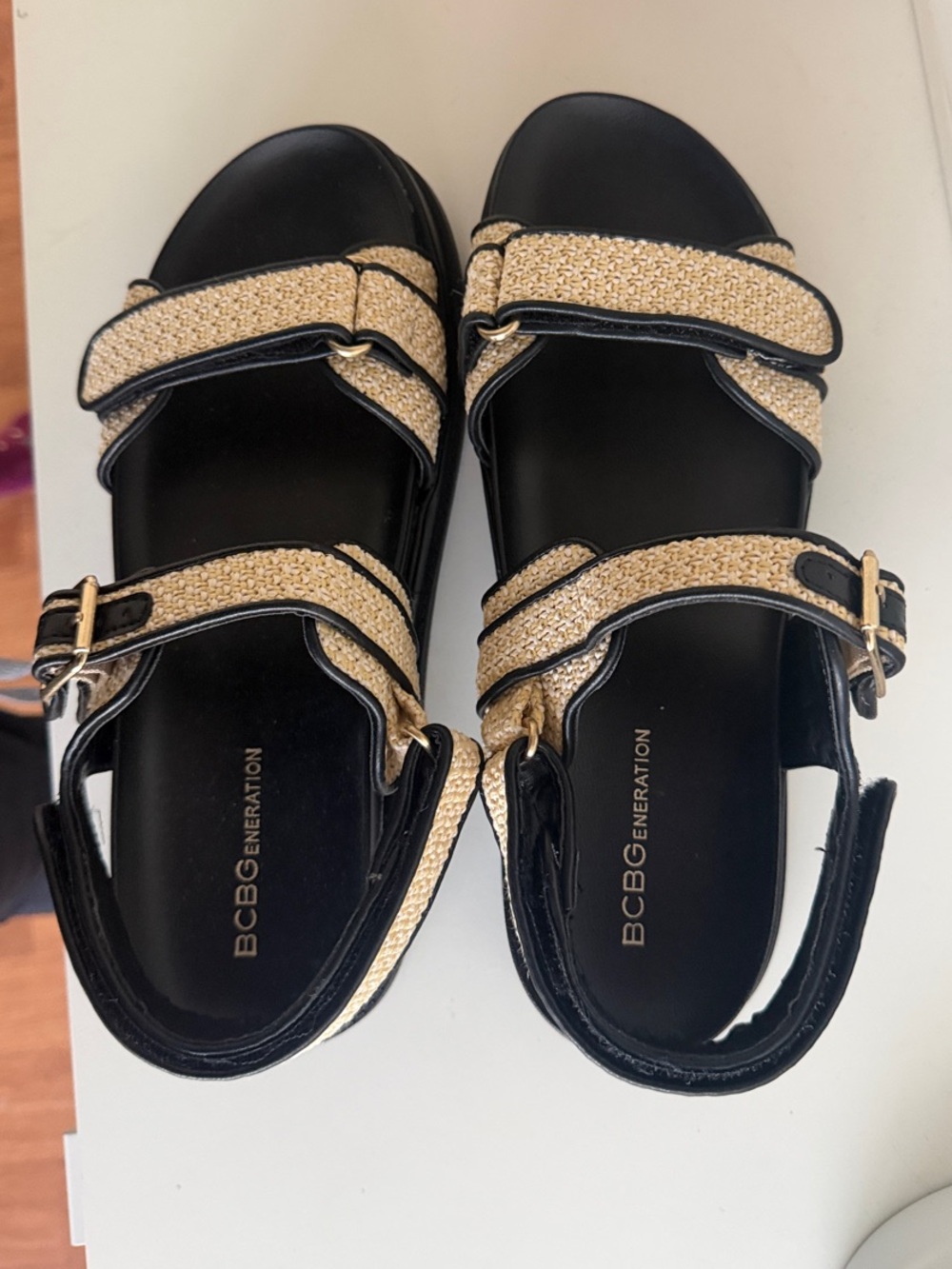 BCBGeneration Black & Natural Woven-Strap Platform Sandals
